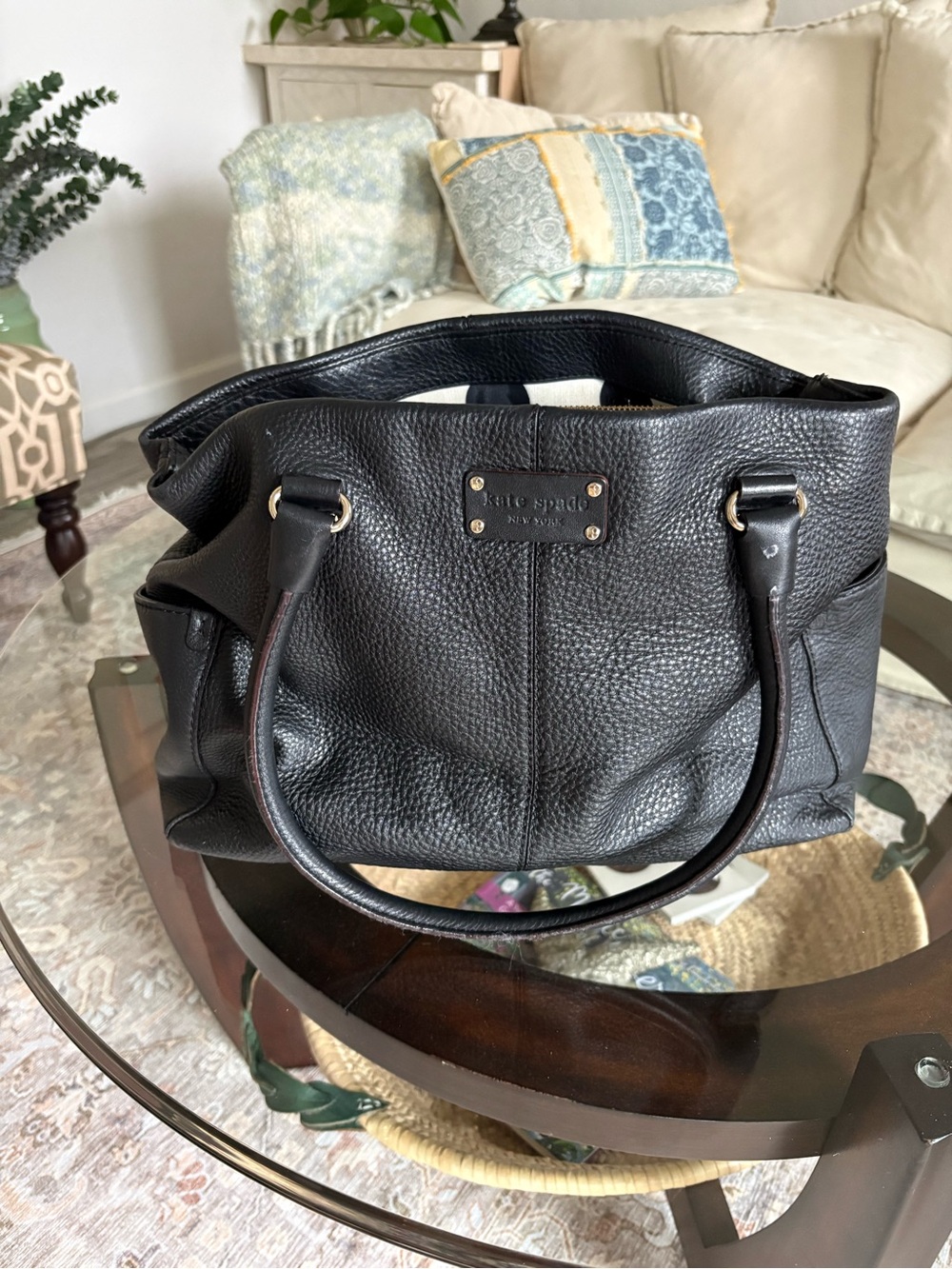 kate spade Black Pebbled Leather Shoulder Bag with Gold Hardware